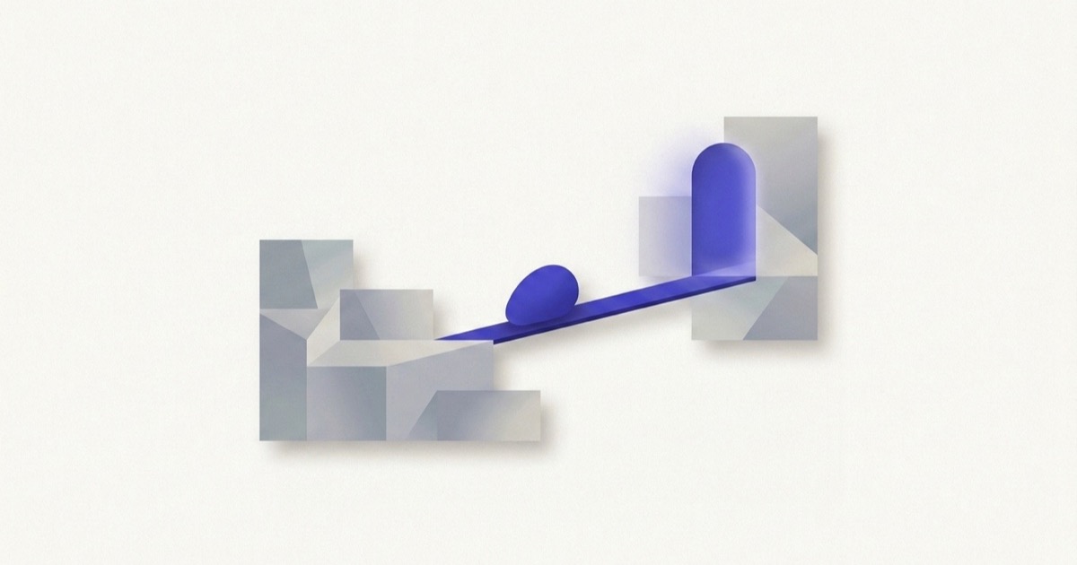 Illustration abstraite d'une forme qui franchit un seuil vers une porte de lumière indigo
