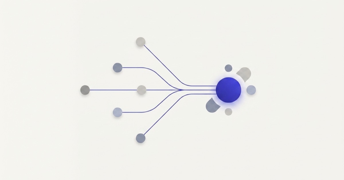 Illustration abstraite de points gris reliés qui convergent vers un nœud indigo